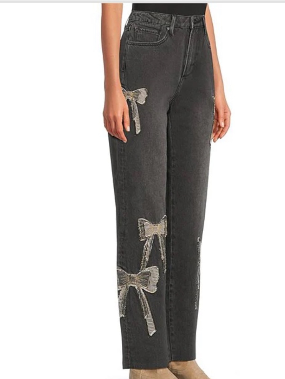 Driftwood Royce What Fun Stretch Denim Patchwork 3D Bow Straight Leg Ankle Jeans - Picture 2 of 11